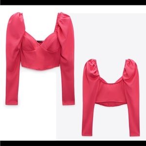 Zara pink long balloon sleeve corset crop top